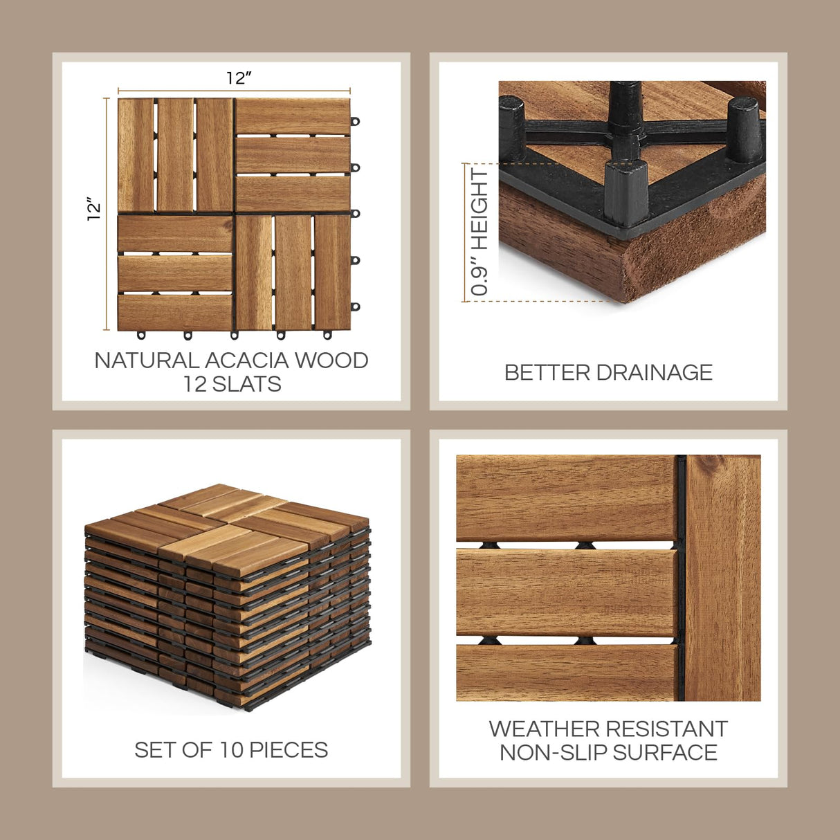 THYOI 10 Pcs Acacia Wood Deck Tiles 12" x 12", Deck Tiles Interlocking Outdoor All Weather, Patio Flooring Waterproof, Wood Patio Tiles for Indoor THYOI