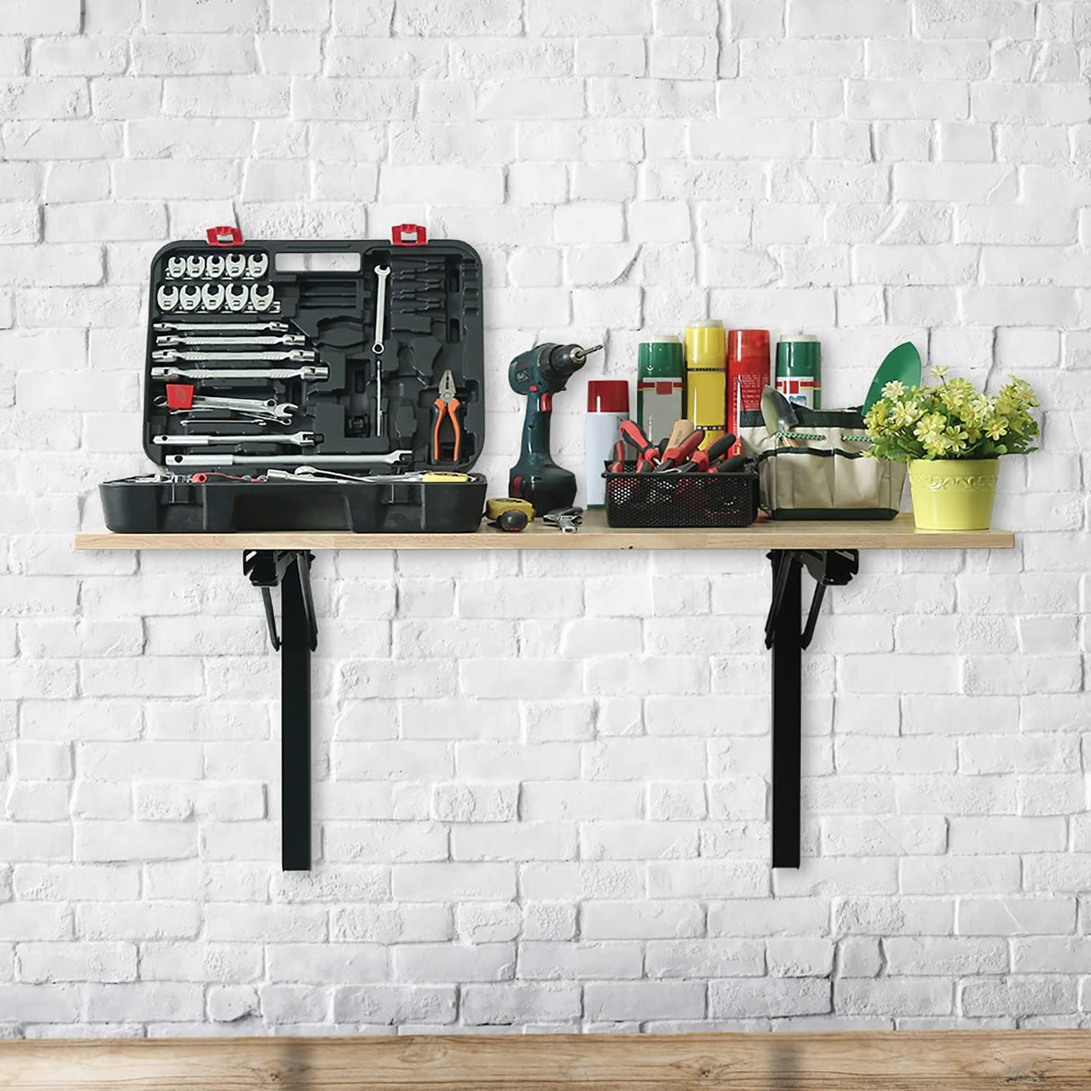 Wallmaster Wall Mounted Folding Workbench Heavy Duty Fold Down Table Utility Bench Solutions Laundry Shelf Wall Desk with Metal Shelf Bracket (47 x Wallmaster