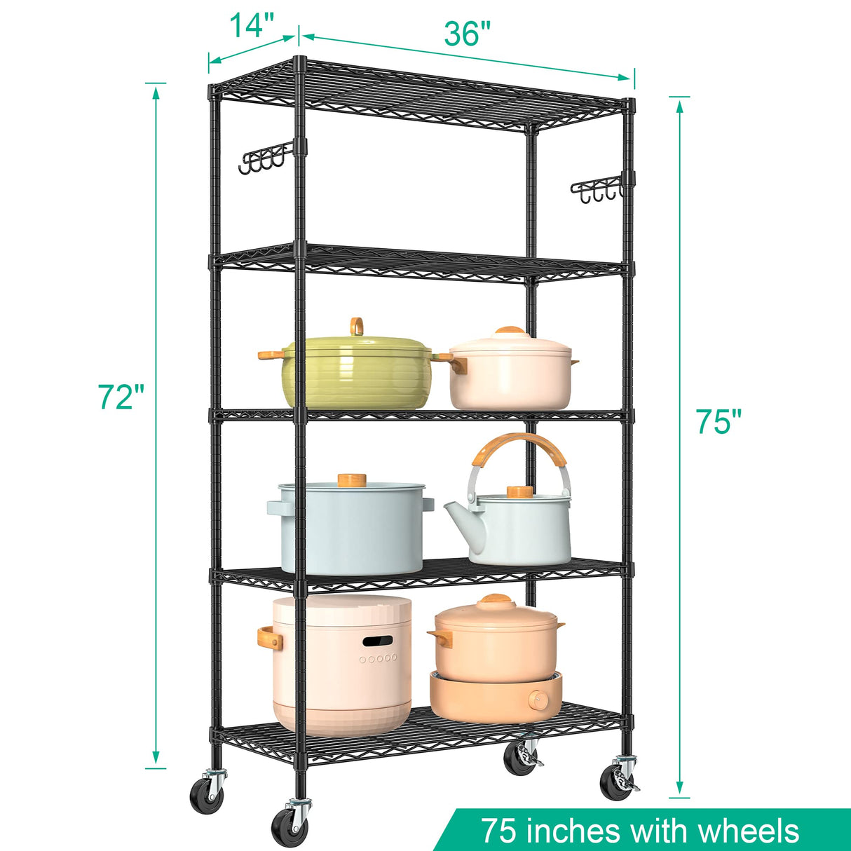 Folews 5 Tier Storage Shelves with Wheels - Metal Shelves for Storage Adjustable Wire Shelving Unit Organizer Storage Rack Shelf for Kitchen Garage Folews
