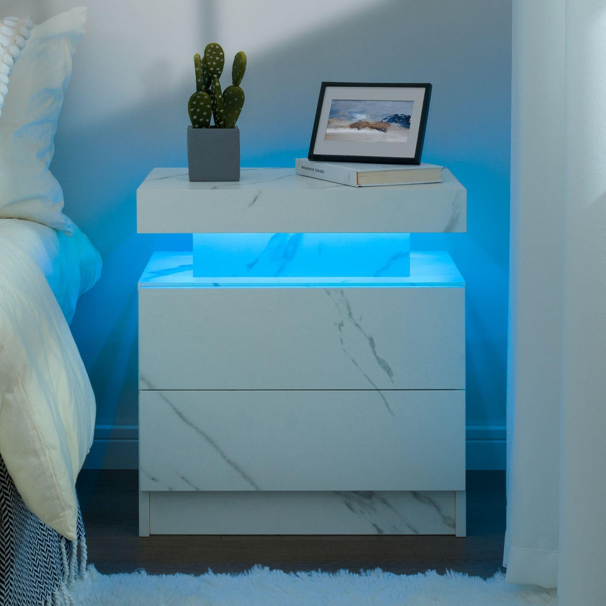 Cubehom Nightstand Set of 2 with LED Lights White LED Bedside Table with 2 Wood Drawers Modern Set 2 End Side Table for Bedroom Cubehom