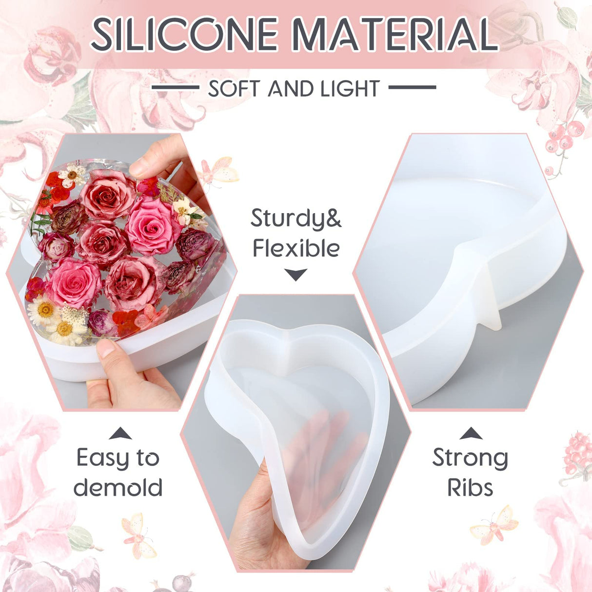 3 Pcs Large Silicone Molds for Resin Glossy Deep Square Molds Hexagon Silicone Molds Heart Bookends Resin Mold with 3 Pcs Round Epoxy Resin Molds for Potchen