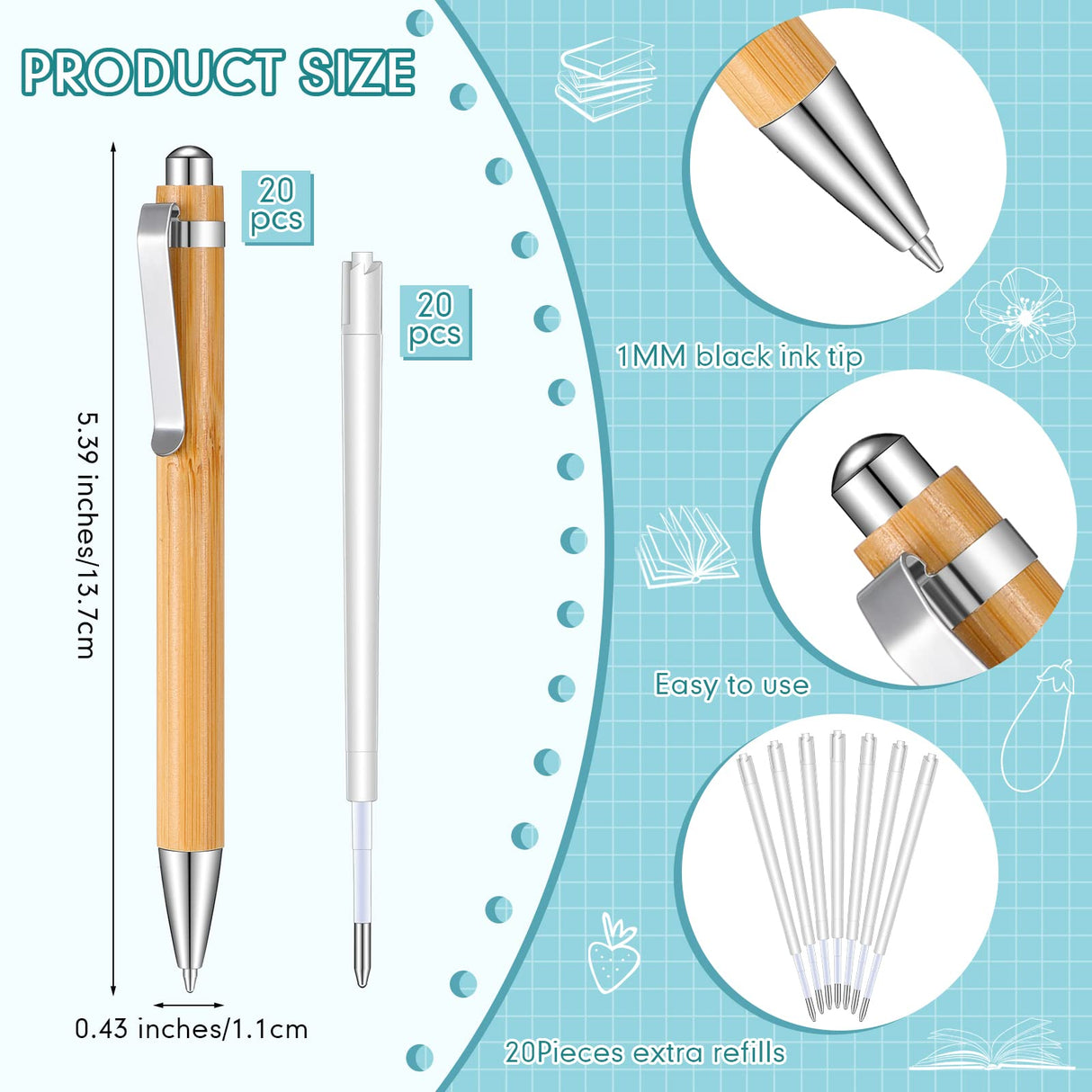 Fainne Engraving Bamboo Pens Bulk Natural Wood Retractable Bamboo Pen with Extra Black Ink Refills Ballpoint Pen Journaling Pen, Gift for Fainne