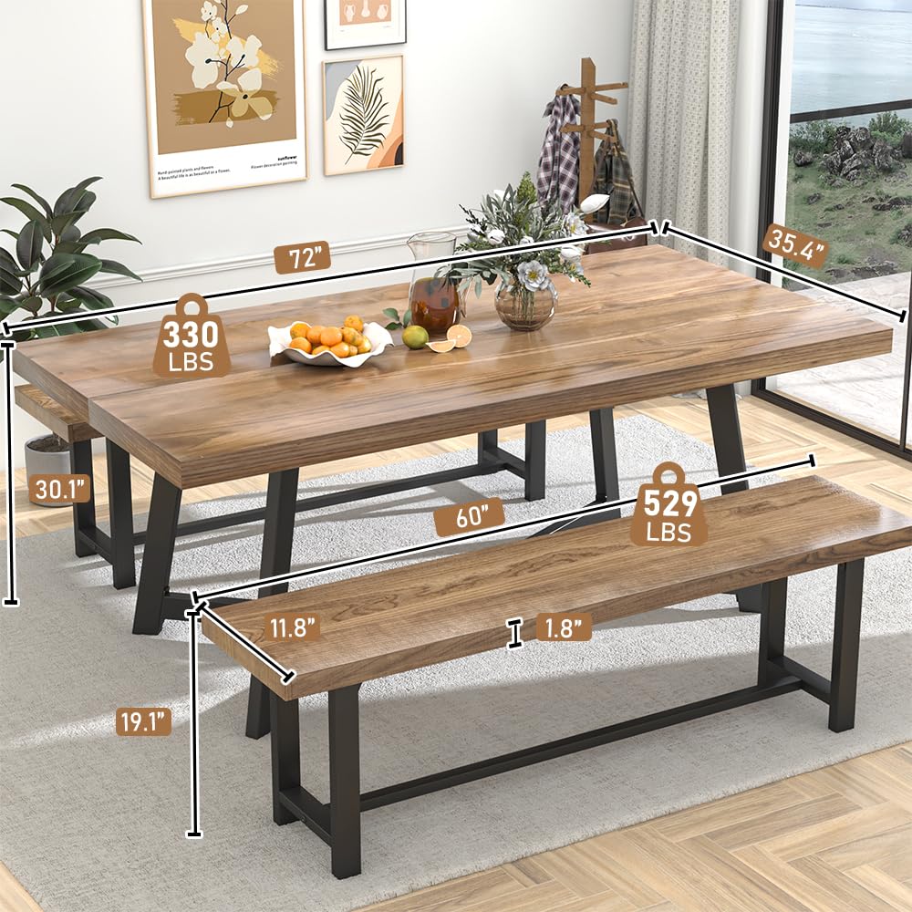 2024 New Large 72IN Solid Wood Dining Table for 6 8 10 People,Modern 6FT Waterproof Rectangular Kitchen Tables w/Anti-Rust&Adjustable Metal Leg,Brown chartustriable