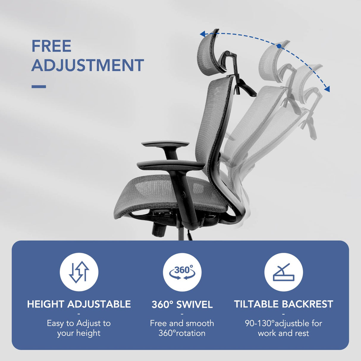 FLEXISPOT OC3B Ergonomic Executive Mesh Office Task Chair Swivel Height Adjustable Seat Headrest Armrest Lumbar Support Caster Wheels For Computer FLEXISPOT