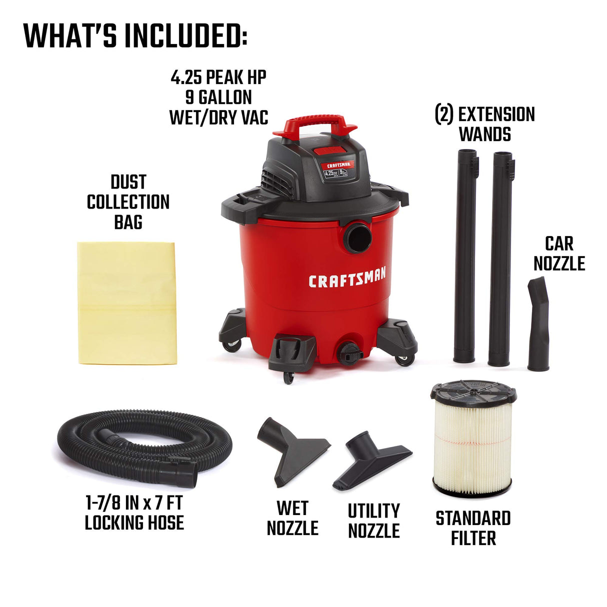 CRAFTSMAN CMXEVBE17590 9 Gallon 4.25 Peak HP Wet/Dry Vac, General Purpose Portable Shop Vacuum with Attachments Craftsman
