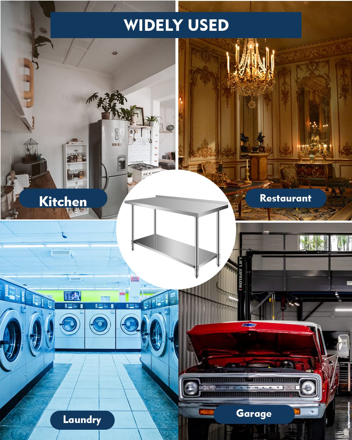 Stainless Steel Prep Worktable 60 x 24 in Sturdy Durable Baffle and Undershelf Restaurant Kitchen Practical Adjustable Workbench FAHKNS