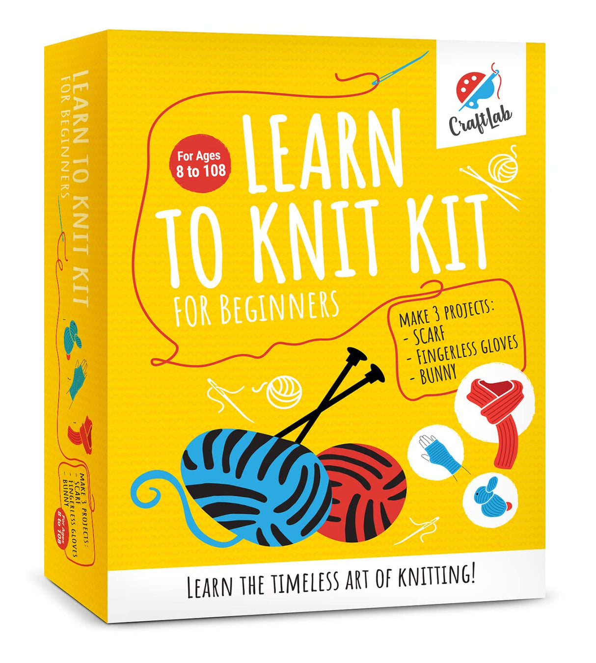 CraftLab Knitting Kit for Beginners, Kids and Adults Includes All Knitting Supplies: Wool Yarn, Knitting Needles, Yarn Needle and Instructions – CraftLab
