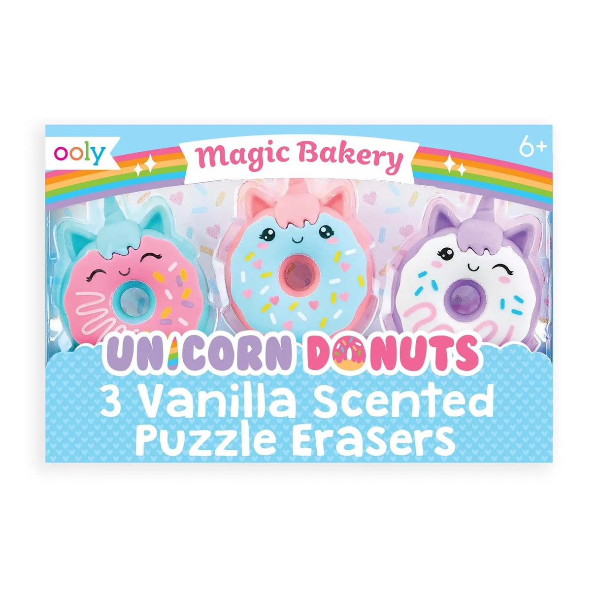 OOLY Magic Bakery Unicorn Donuts, Vanilla-Scented Erasers for Pencils - Set of 3 Donut Erasers for School, Home, or Office - Mix and Match Puzzle Ooly