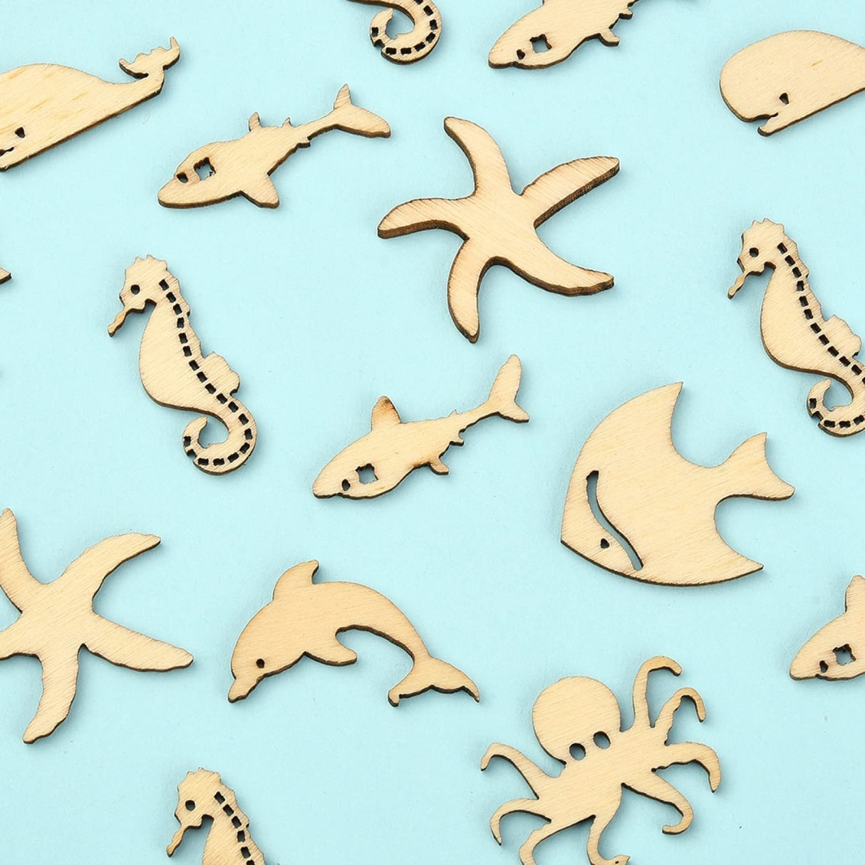Stiesy 100 Pcs Assorted Sea Animal Theme Wood Cabochons Shark Agarfish Dolphin Seahorse Octopus Clownfish Unfinished Wooden Cutouts Slice Pieces Stiesy