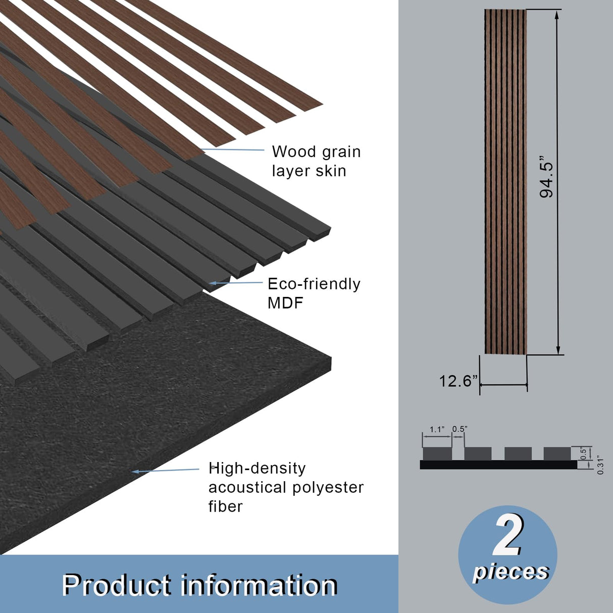 E-HAO 2 Piece Wood Slat Acoustic Panels for Stylish Decor and Noise Reduction, 3D Textured Panel for Ceiling and Wall - JK Walnut (94.5 L x 12.6 W E-HAO