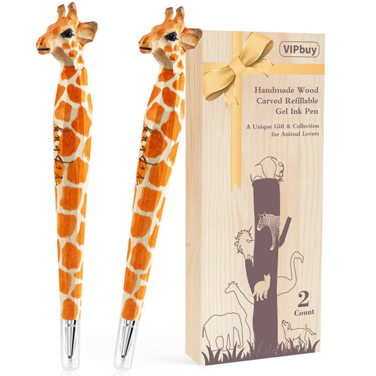 VIPbuy 2 Count 100% Handmade Wood Carved Gel Ink Pens -Novelty Refillable Writing Pens Office School Supplies Birthday Christmas Gift, Giraffe