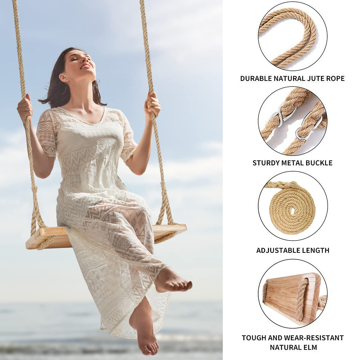 Premkid Hanging Wooden Swing, Swing Seat 24"x 8"x 1.2", Tree Swing for Adults Kids with 500lbs Load, Adjustable Hemp Rope Plus Tree Straps 100 inch, Premkid