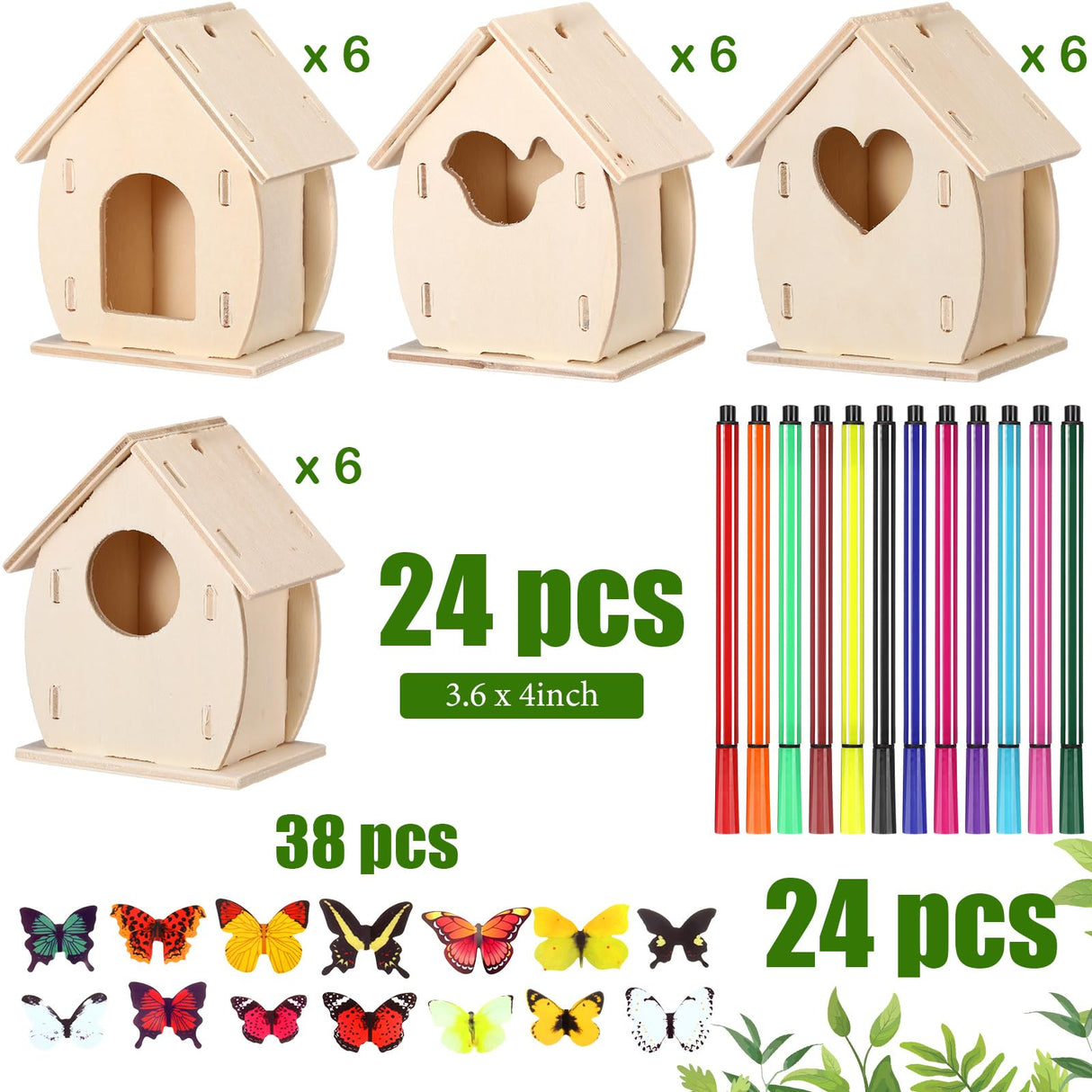 Outus 24 Pcs Wooden Birdhouse Craft Kits for Kids to Build, 4 Shapes Bird House Kit Wooden Unfinished with Watercolor Pen and Butterfly Sticker for Outus
