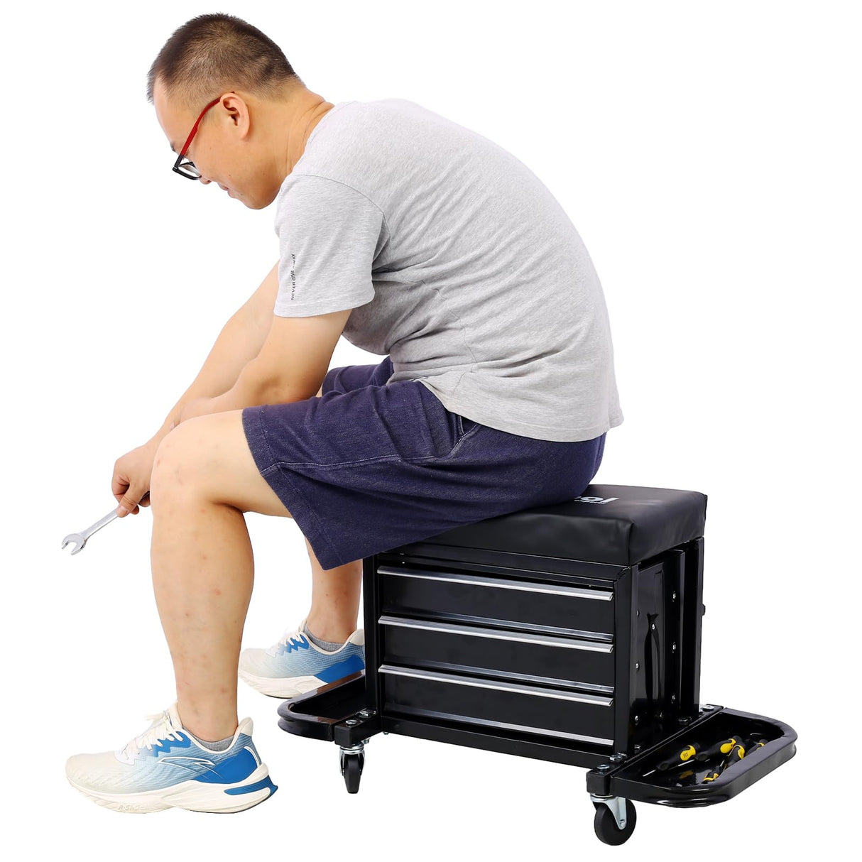 AMZOSS 3-Drawer Rolling Tool Chest Seat Garage Glider Mechanic Stool with Magnetic Side Trays, Heavy Duty Rolling Tool Box for Warehouse, Workshop, AMZOSS