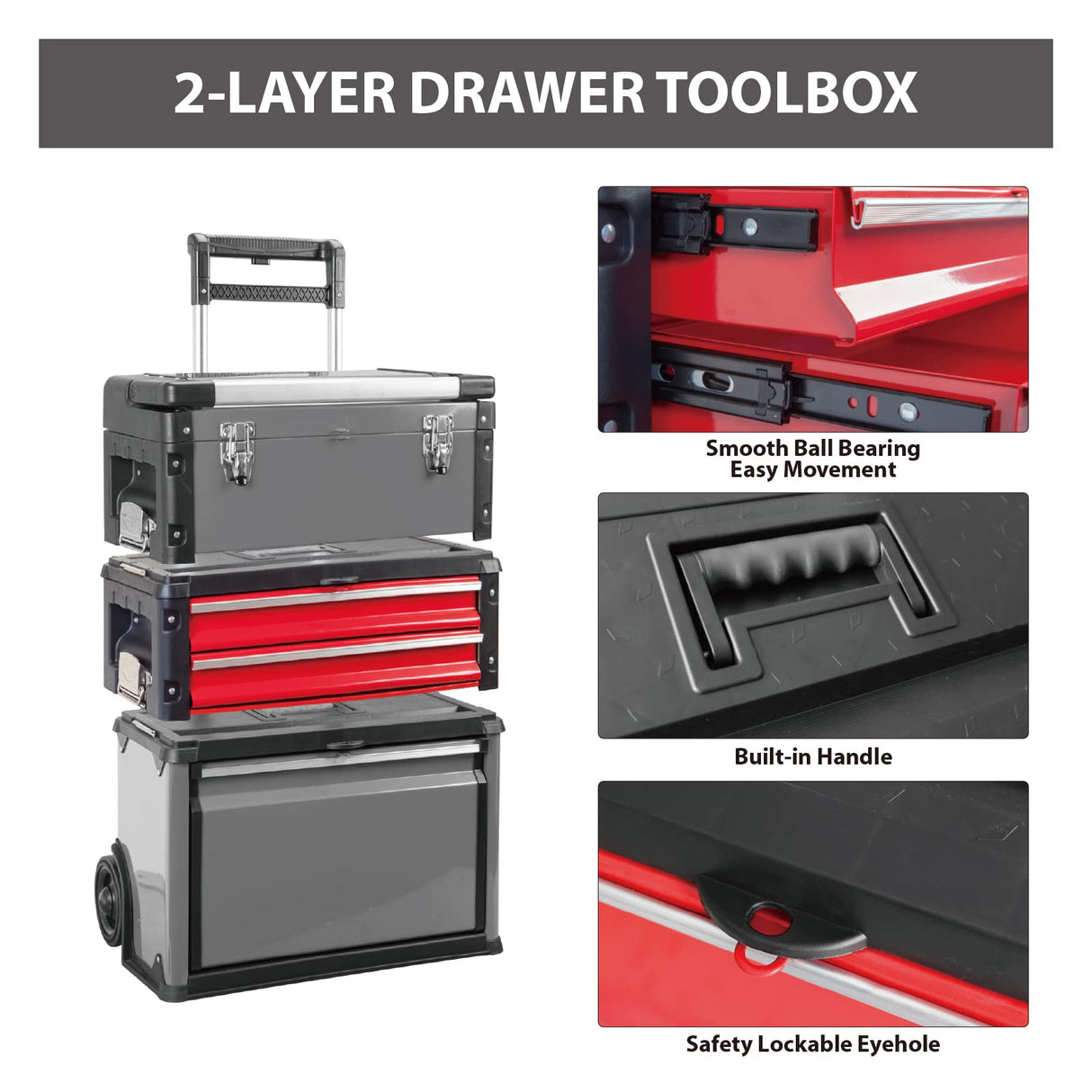 BIG RED TRJF-C305ABD Torin Garage Workshop Organizer: Portable Steel and Plastic Stackable Rolling Upright Trolley Tool Box with 3 Drawers, 20.5" L x BIG RED