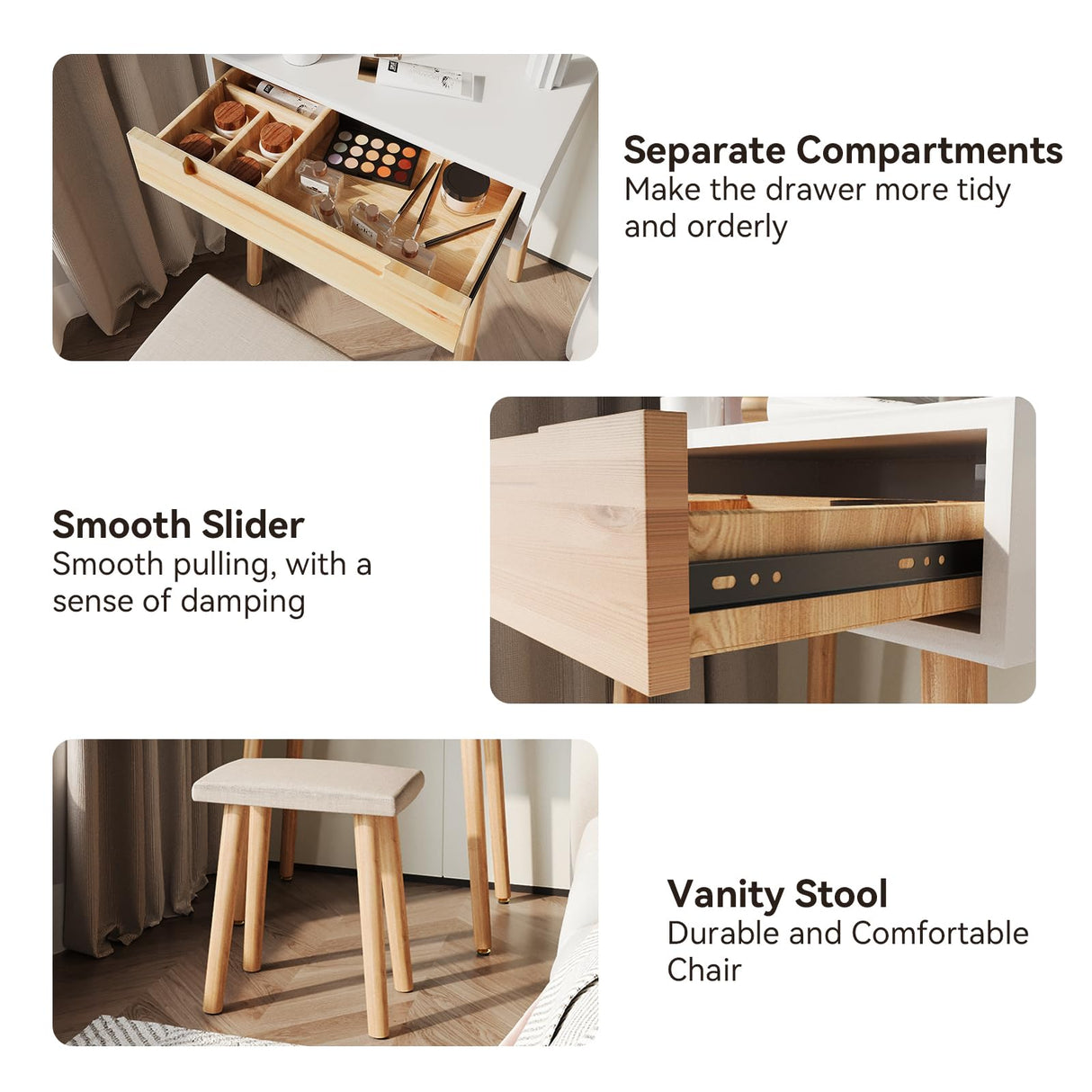 ARTETHYS Small Makeup Vanity Desk with 3 Adjustable Lighted Mirror and Chair, 24 Inch Makeup Vanity Table with Big Drawer Wooden Frame for Small ARTETHYS