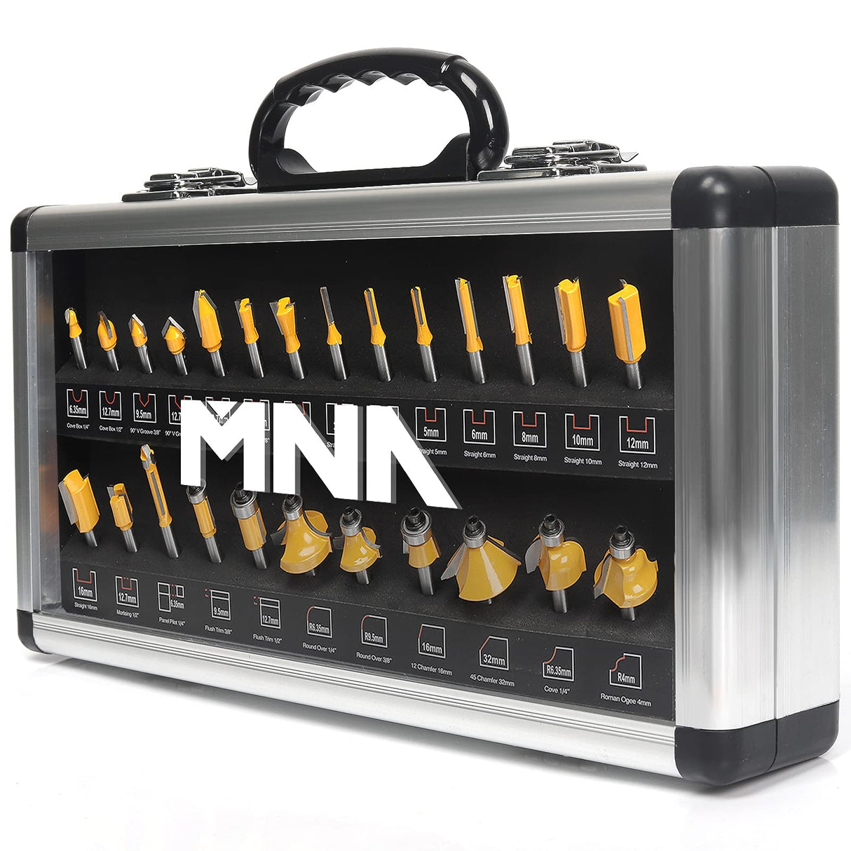 MNA Router Bit Set 25 Pieces 1/4 Inch, European Edition Router Bits Kit, Traditional Woodworking Tools, Aluminium Case MNA