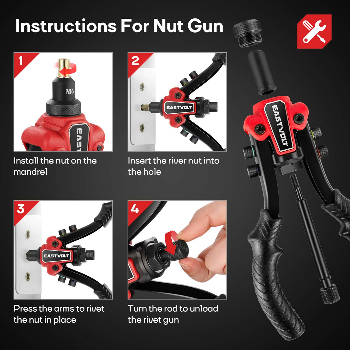Eastvolt Rivet Nut Tool, 3 in 1 Hand Rivet, Rivet Gun Rivet Nut Tool Reamer 3 in 1 Set, Including 60Pcs Rivet Nuts, 6 Metric & SAE Mandrels and 2 Eastvolt
