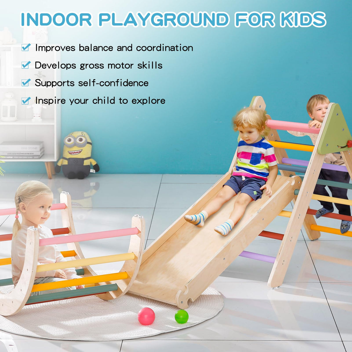 AmazingJoy Pikler Triangle Set Climber 3 Piece Climbing Gym 5 in 1,Climbing Toys for Toddlers 1-3 Inside Wooden Montessori Climbing Set,Baby Climbing AmazingJoy