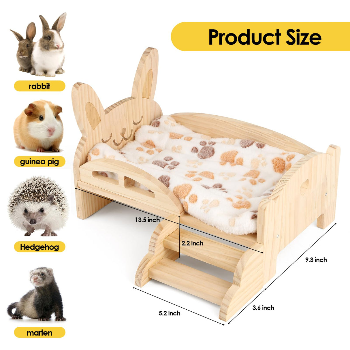 HOSUKKO Wooden Guinea Pig Bed with Mat 13.5IN X 9.3IN Guinea Pig Bunny Detachable Hideout with Stairs Small Animal Cute Warm Habitats for Hamsters HOSUKKO