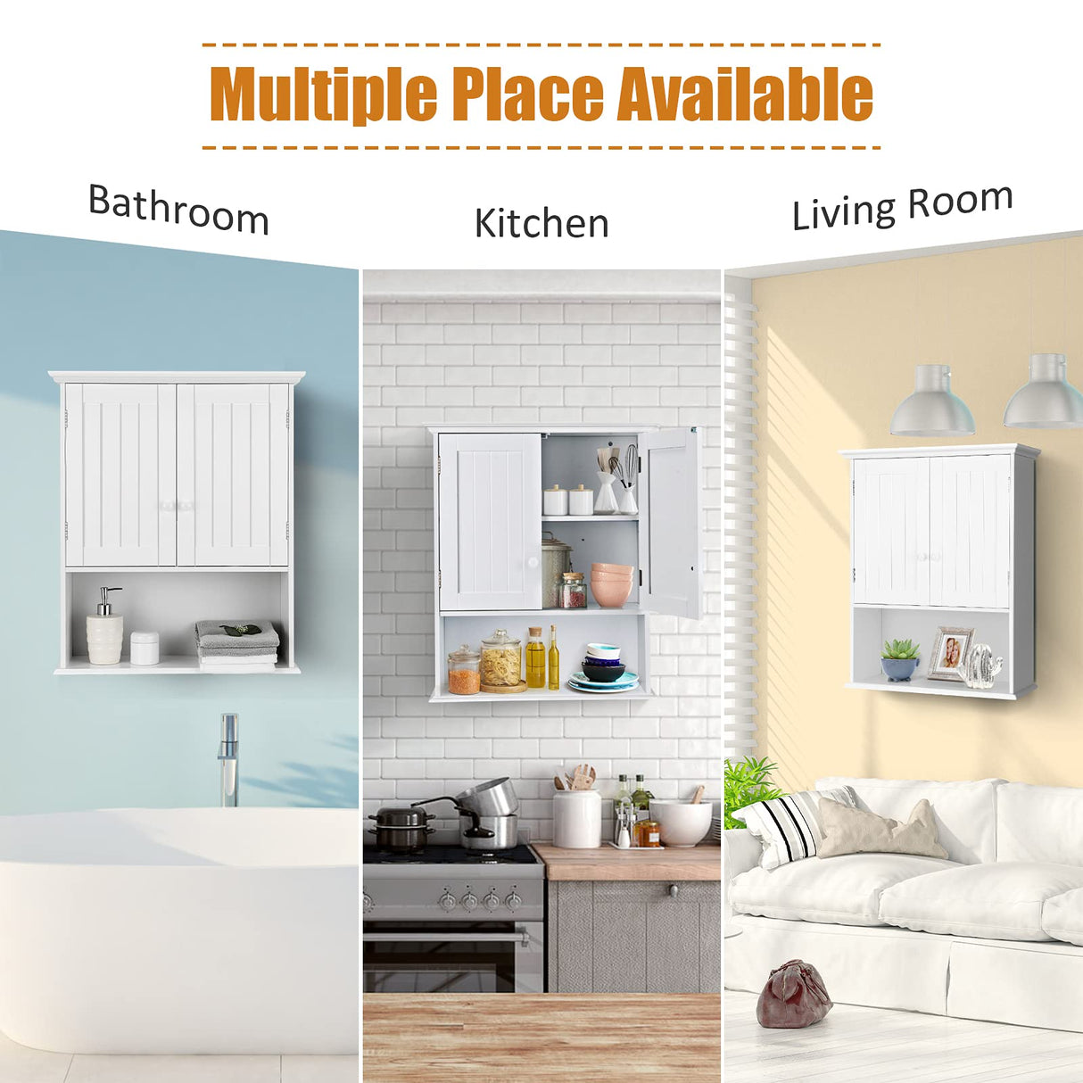 COSTWAY Wall Mounted Bathroom Cabinet, Over The Toilet Storage Cabinet w/Double Doors & Adjustable Shelf, Wood Hanging Medicine Cabinet for Living COSTWAY