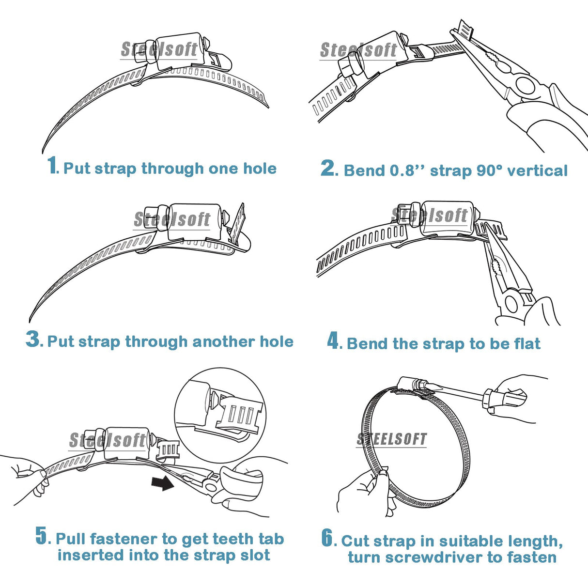 Steelsoft 304 Stainless Steel Hose Clamp Assortment Kit DIY, Cut-To-Fit 12 FT Metal Strap+8 Stronger Fasteners,Large Adjustable Worm Gear Band Hose Steelsoft
