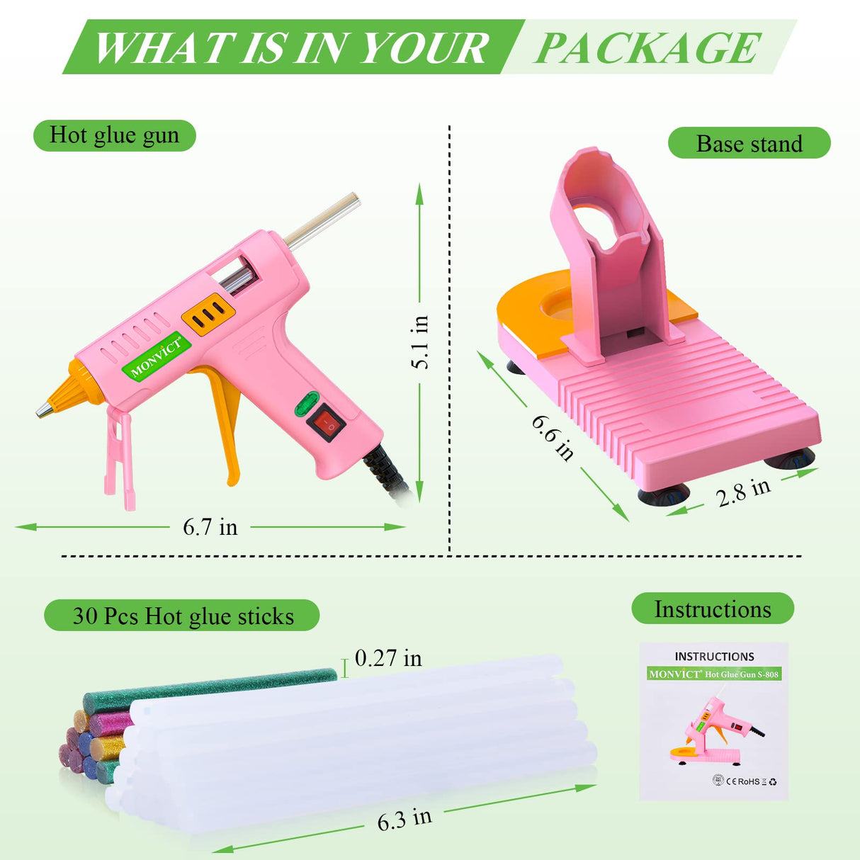 MONVICT Pink Hot Glue Gun Kit, Mini Glue Gun with Suction Cups Stand Anti Stick Silicone Mat, Hot Melt Glue Gun with Fine Tip & 30 Glue Sticks, MONVICT