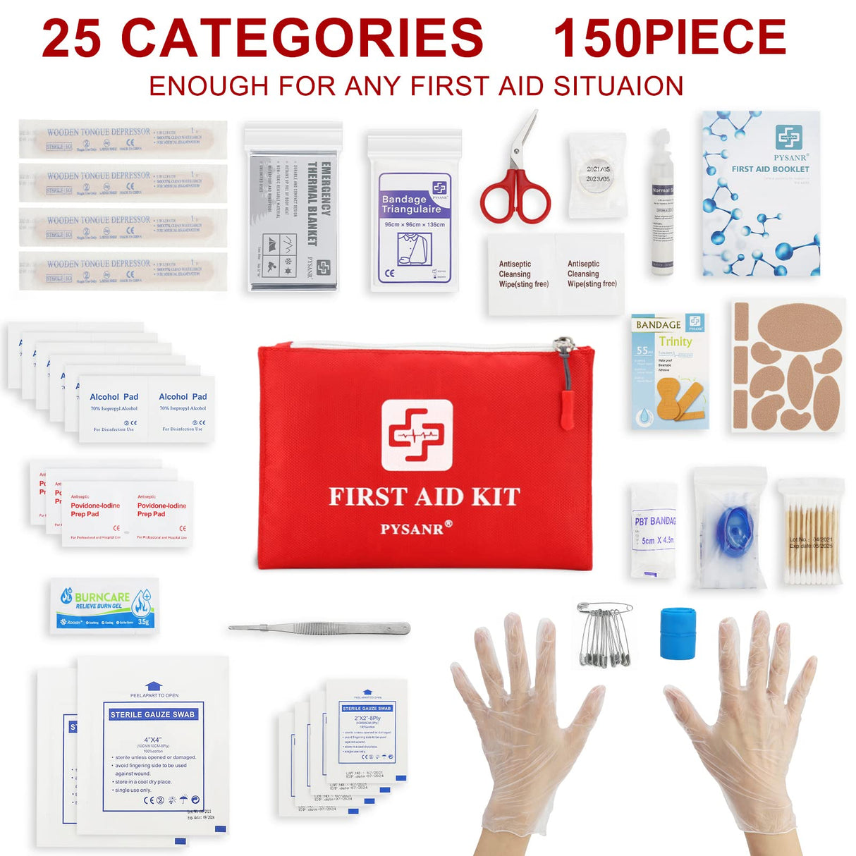 PYSANR Small First Aid Kit, 150 Piece with Foil Blanket, Scissors First Aid Bag for Emergency, Home, Camping, Travel, Sports, Office, Outdoor, Car, PYSANR