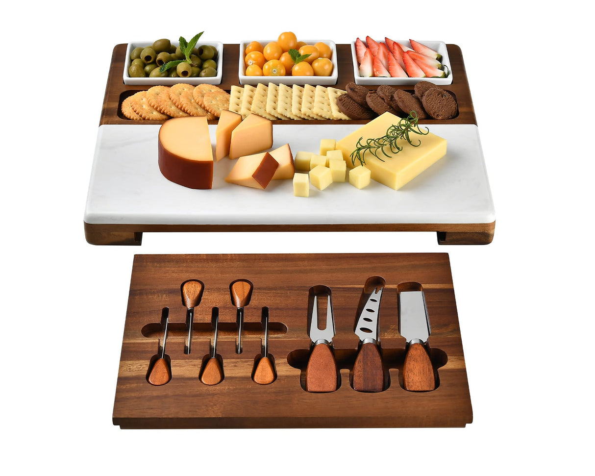 Shanik Wood - Marble Cheese Board Set with 3 Ceramic Bowls - Stainless Steel Cutlery Set, Charcuterie Board Set & Gift for Any Occasion (Without Shanik