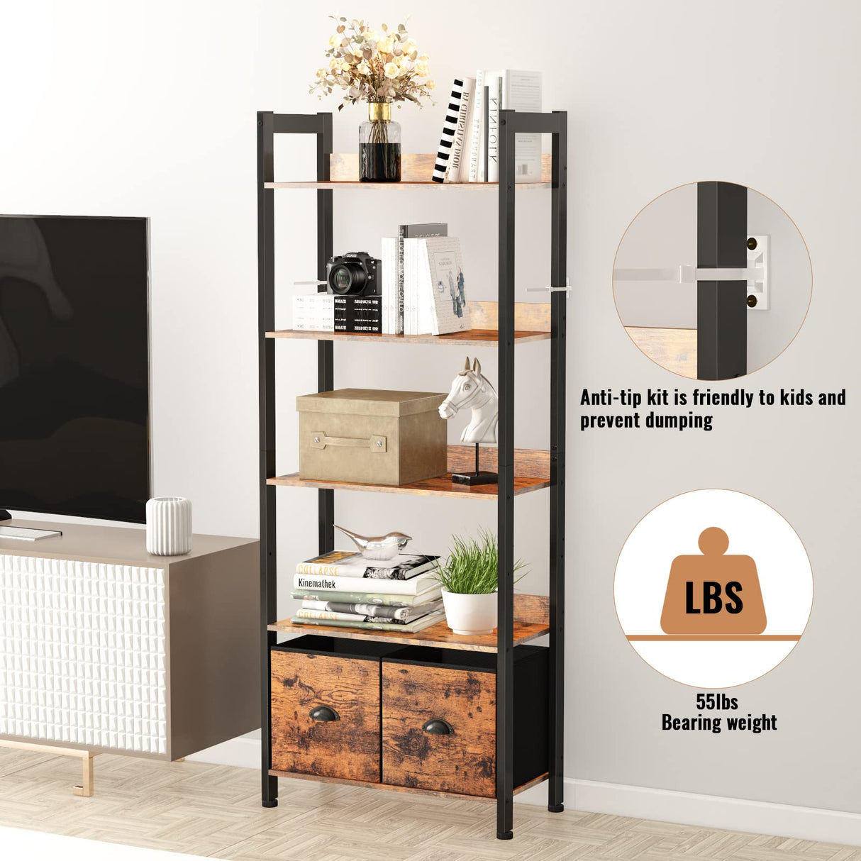 Furologee Adjustable 5-Tier Bookshelf with 2 Fabric Drawers - Industrial Wooden and Metal Storage Unit Furologee