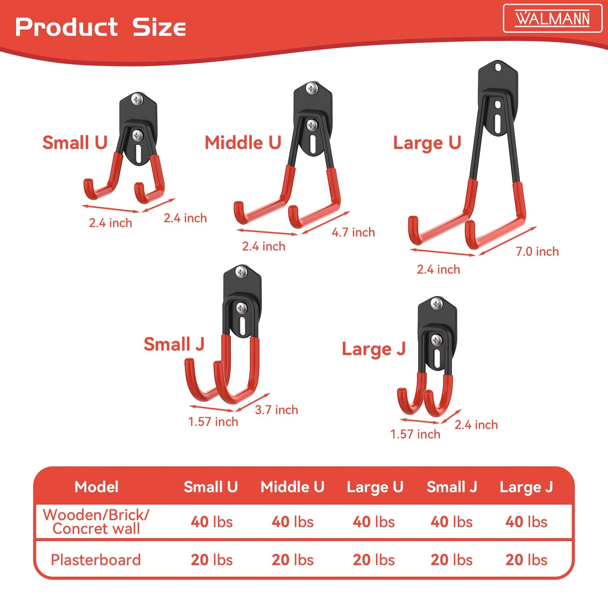 WALMANN 12PCS Garage Storage Hooks, Wall Mount Utility Hooks for Tools, Ladders, Cords, Folding Chairs, Shovels and Rakes, Shelving Hooks for Keyhole WALMANN