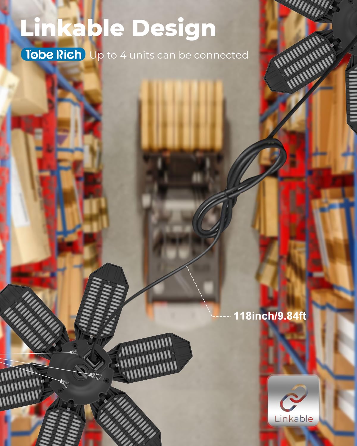 toberich 2-Pack Plug in Garage Light, 200W 20000LM Linkable LED Shop Light w/Pull Chain(ON/Off), 6+1 Deformable Panels, 6500K LED Ceiling Lights for toberich