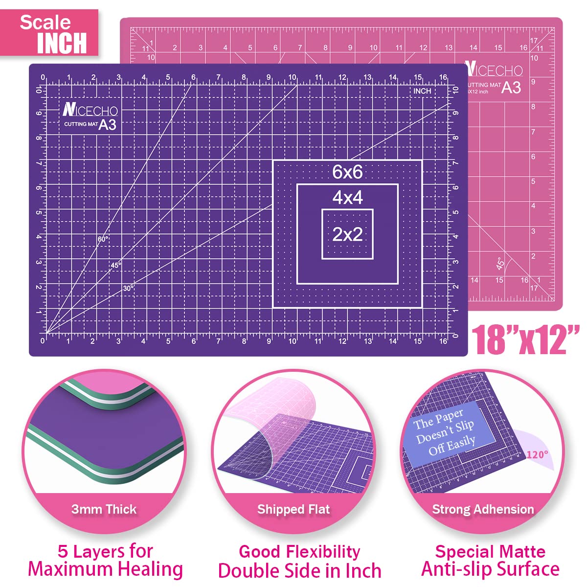 Rotary Cutter Set,Nicecho Sewing Quilting Supplies,45mm & 28 mm Fabric Cutters,8 Rotary Cutter Blades,A3 Cutting Mat for Sewing,6x12 & 2.5x12 In Nicecho