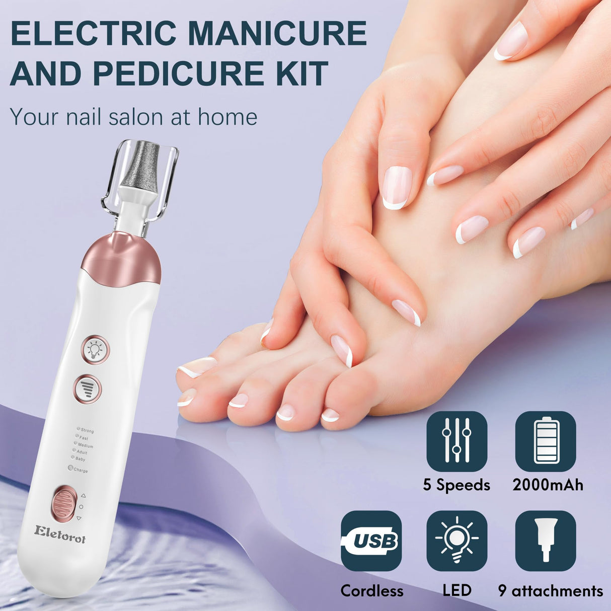 Eletorot Electric Nail File Set, 8 in 1 Professional Manicure and Pedicure Kit, Cordless Pedicure Tools for feet, 5 Speeds Electric Nail Drill Eletorot