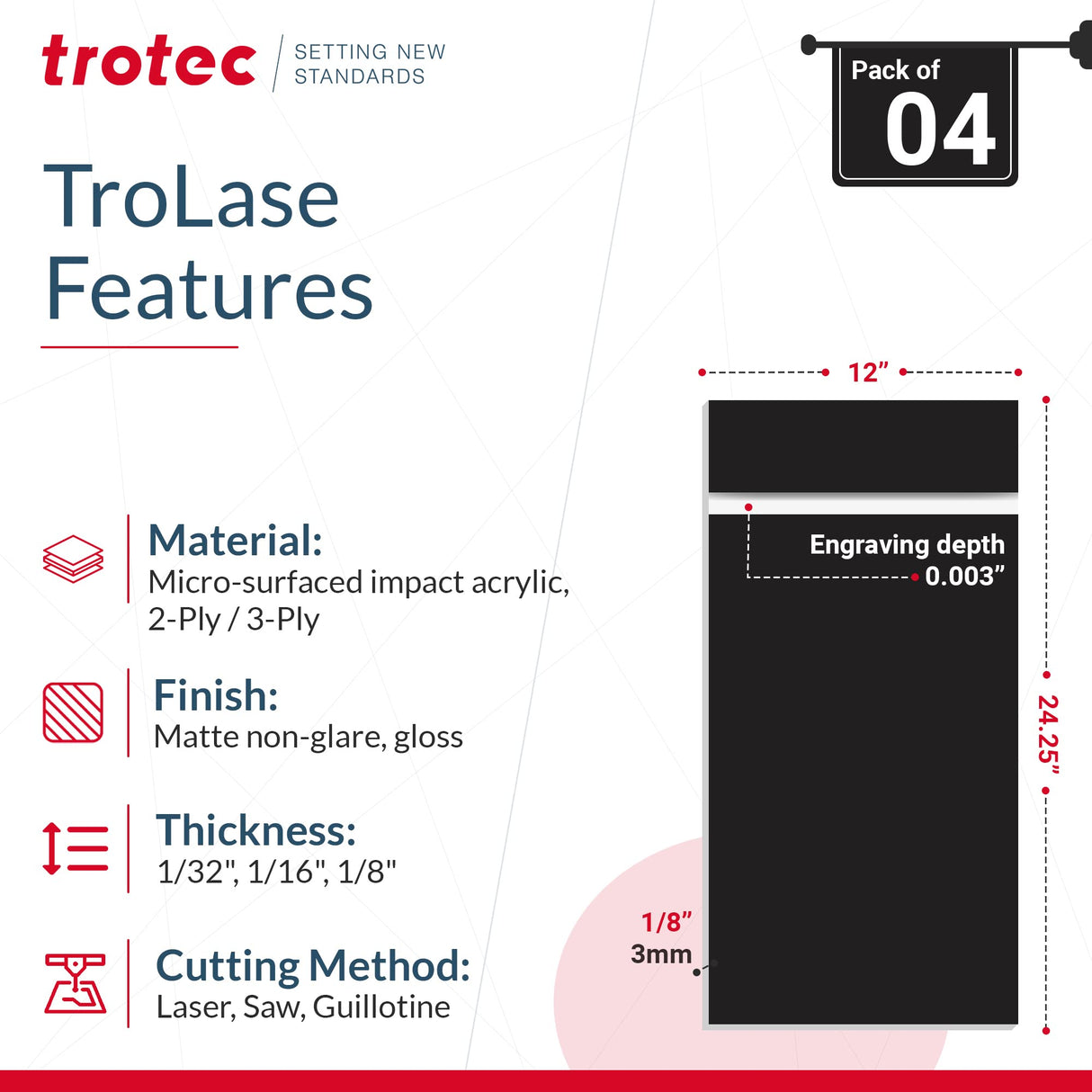Trotec TroLase | 12"x24.25"x1/8", 4 Pcs | Black/White | 2 Ply | Modified Acrylic | Laser Engraving Double Color Plastic Sheet | Engraving Blanks for TROTEC