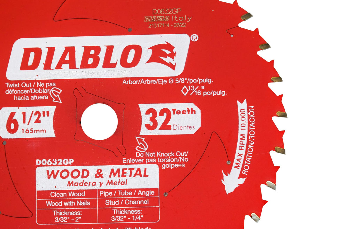 Diablo D0632GPX2 6-1/2" x 32 Tooth Wood and Metal Carbide Circular Saw Blade (2 Pack) Diablo