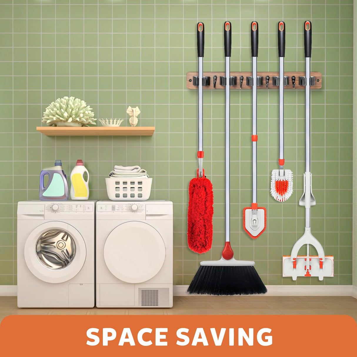 IMILLET Broom Holder Wall Mount, Wood Broom Holder with 5 Racks and 4 Hooks Broom Organizer, Laundry Room Organization and Storage, Mop Holder for IMILLET