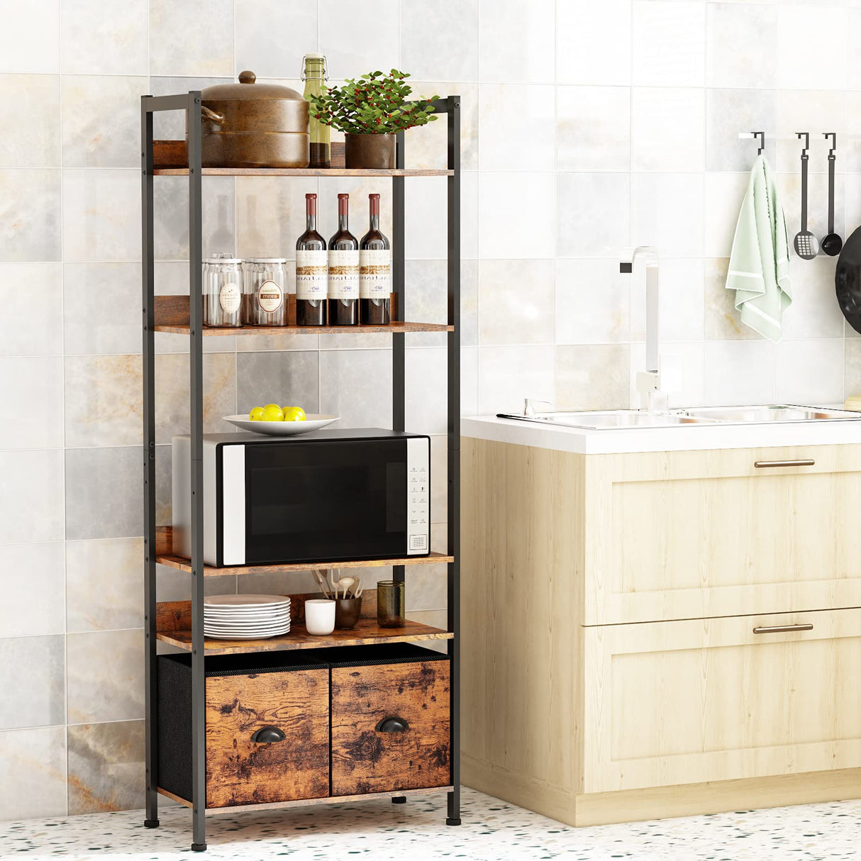 Furologee Adjustable 5-Tier Bookshelf with 2 Fabric Drawers - Industrial Wooden and Metal Storage Unit Furologee