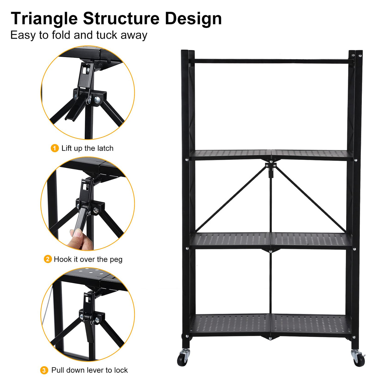 YSSOA 4-Tier Heavy Duty Foldable Metal Rack Storage Shelving Unit with Wheels Moving Easily Organizer Shelves Great for Garage Kitchen, Black YSSOA