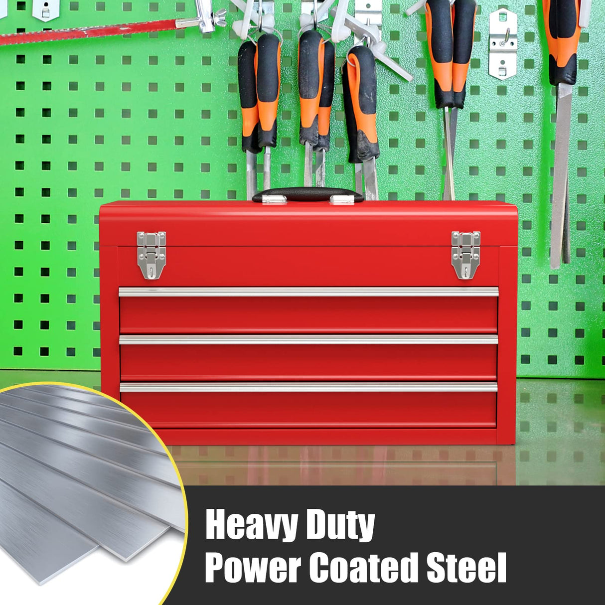 Goplus Tool Box with 3 Drawers, 20" Portable Tool Chest Organizer with Lock Latch & Liner for Garage Trunk Household, Powder Coated Steel, Red Goplus