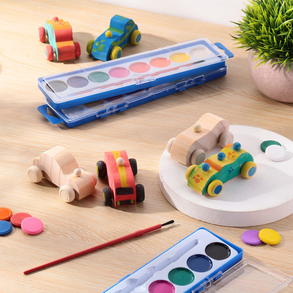 Leitee 12 Sets Unfinished Paintable Wooden Cars DIY Toys with Watercolor Paint Wooden Toy Cars Wood Crafts for Woodworking School Family Arts Home Leitee