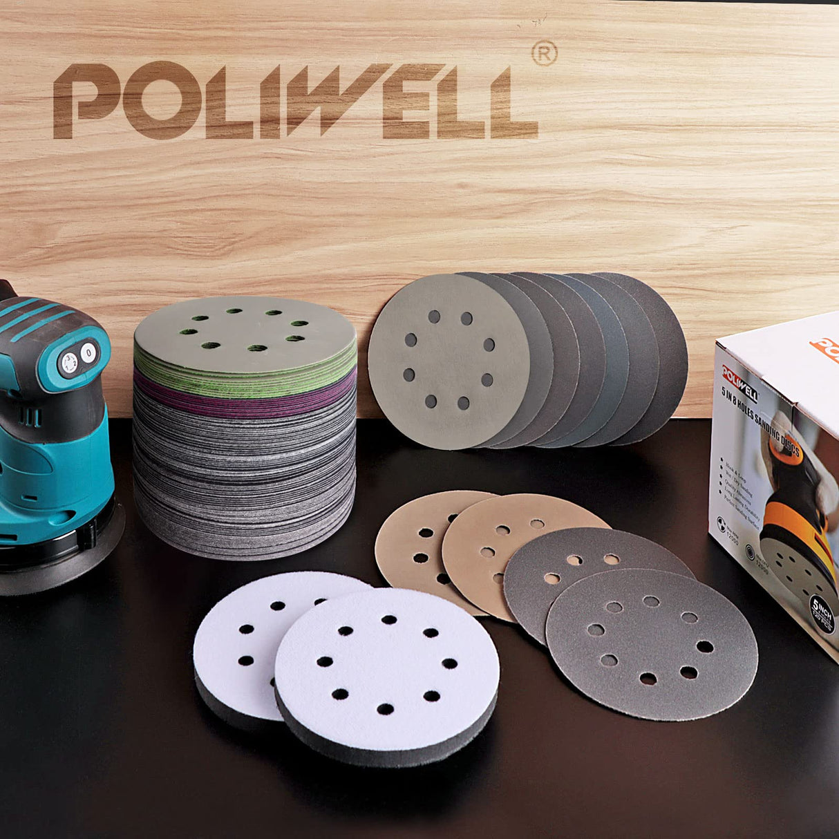 POLIWELL 5 Inch Sanding Discs Hook and Loop 8 Hole Heavy Duty Silicon Carbide Sandpaper 320 400 600 800 1000 1500 2000 3000 4000 5000 7000 10000 with POLIWELL