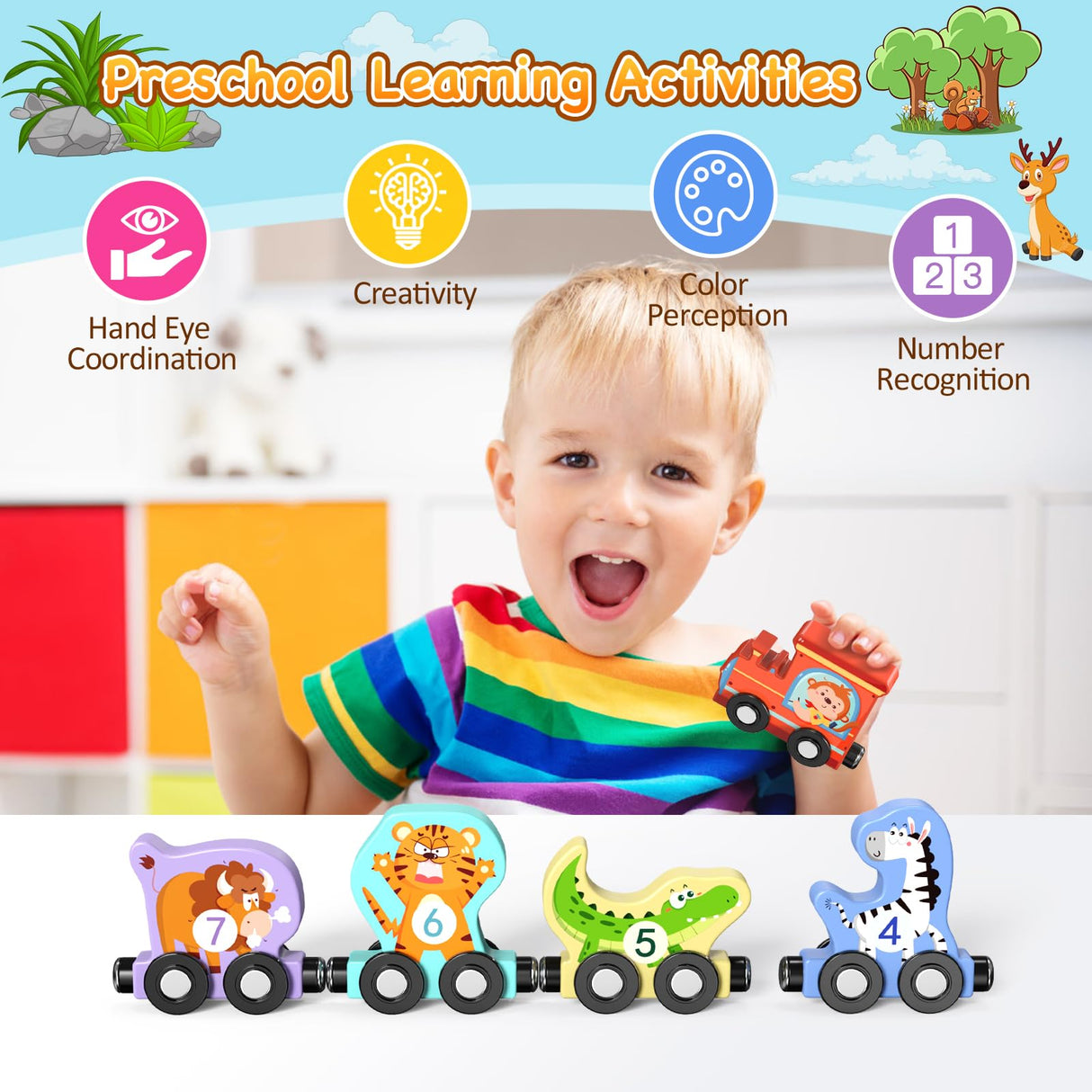 Zeoddler Toys for Toddlers, 11 PCS Magnetic Wooden Animals Train Set, Montessori Toys for Toddlers, Preschool Learning Activities for Kids, Birthday Zeoddler