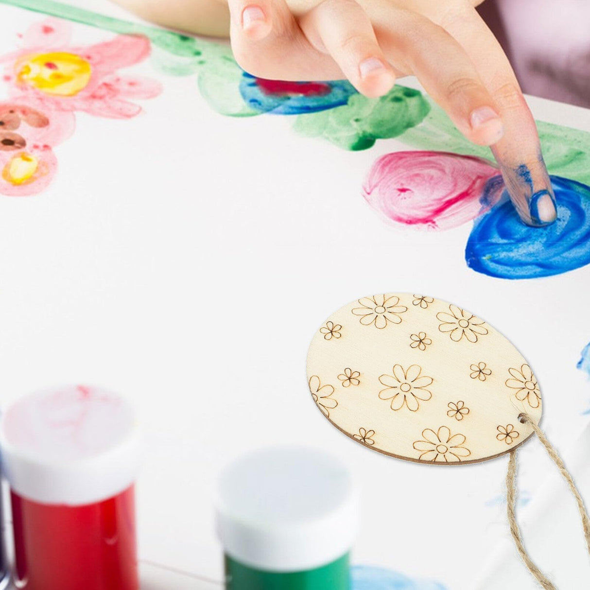 VILLCASE 60pcs Easter Egg Wooden Cutout Unfinished Wood Slice DIY Paint Crafts Hanging Embellishment with Ropes for Kids Painting Easter Party VILLCASE