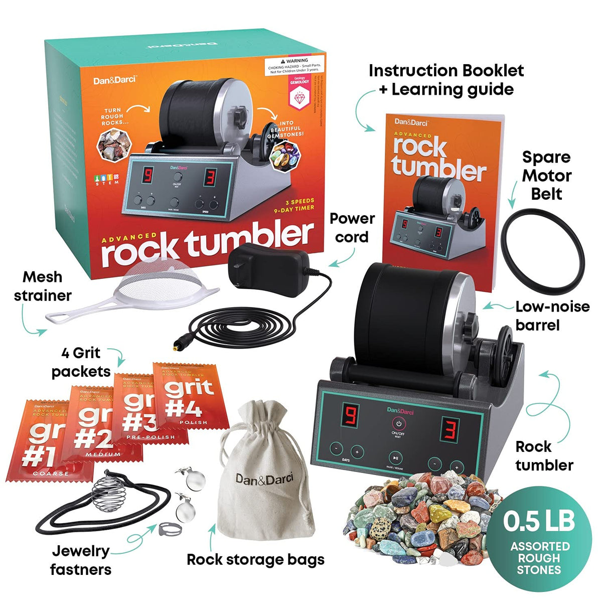 Advanced Professional Rock Tumbler Kit - with Digital 9-Day Polishing Timer & 3 Speed Settings - Turn Rough Rocks into Beautiful Gems : Great Science Dan&Darci