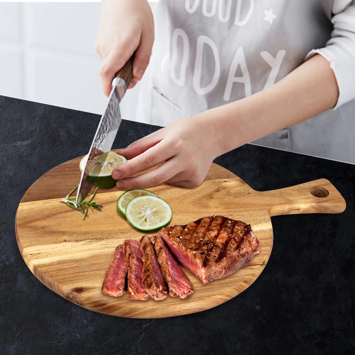 Acacia Wood Cutting Board with Handle Wooden Chopping Board Round Paddle Cutting Board for Meat Bread Serving Board Charcuterie Boards Chopping Ayiaren