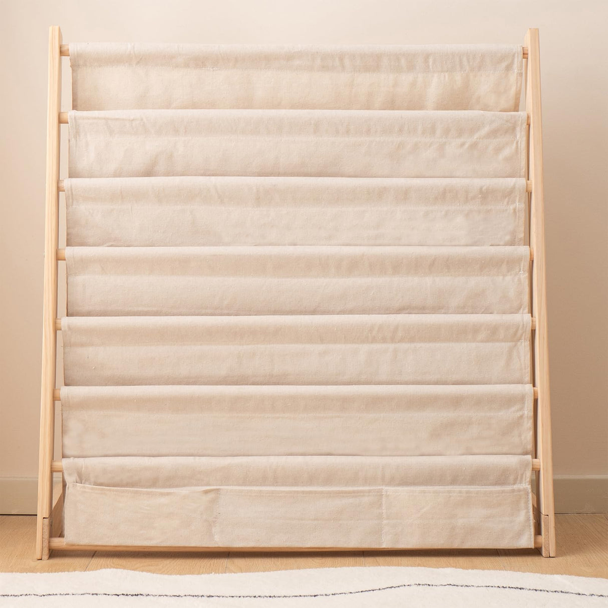 ChubanCraft Kids Wooden Bookshelf - 6-Tier Natural Pine Bookrack with Canvas Storage ChubanCraft