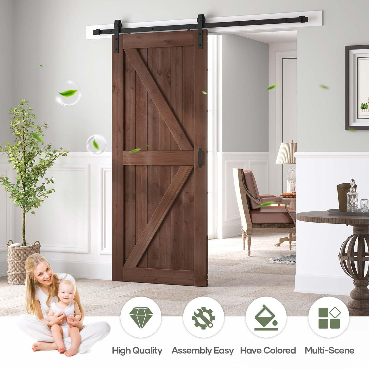 ROYMELO 36x84 inch Sliding Barn Wood Door Slab with 6.6ft Hardware Kit and Handle, Coffee, K Shape, Simple DIY Assembly ROYMELO