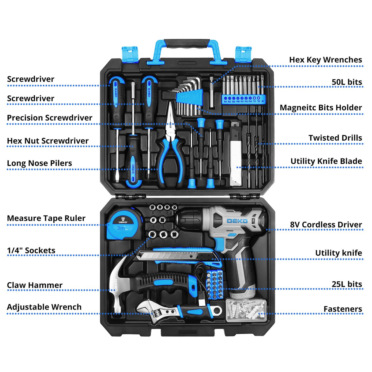 Power Drill Tool Set Kit:DEKOPRO Tools Sets Combo Small Box Set with 8V Cordless Electric Drill Driver for Home Basic Repair, Household Starter Kit, DEKOPRO