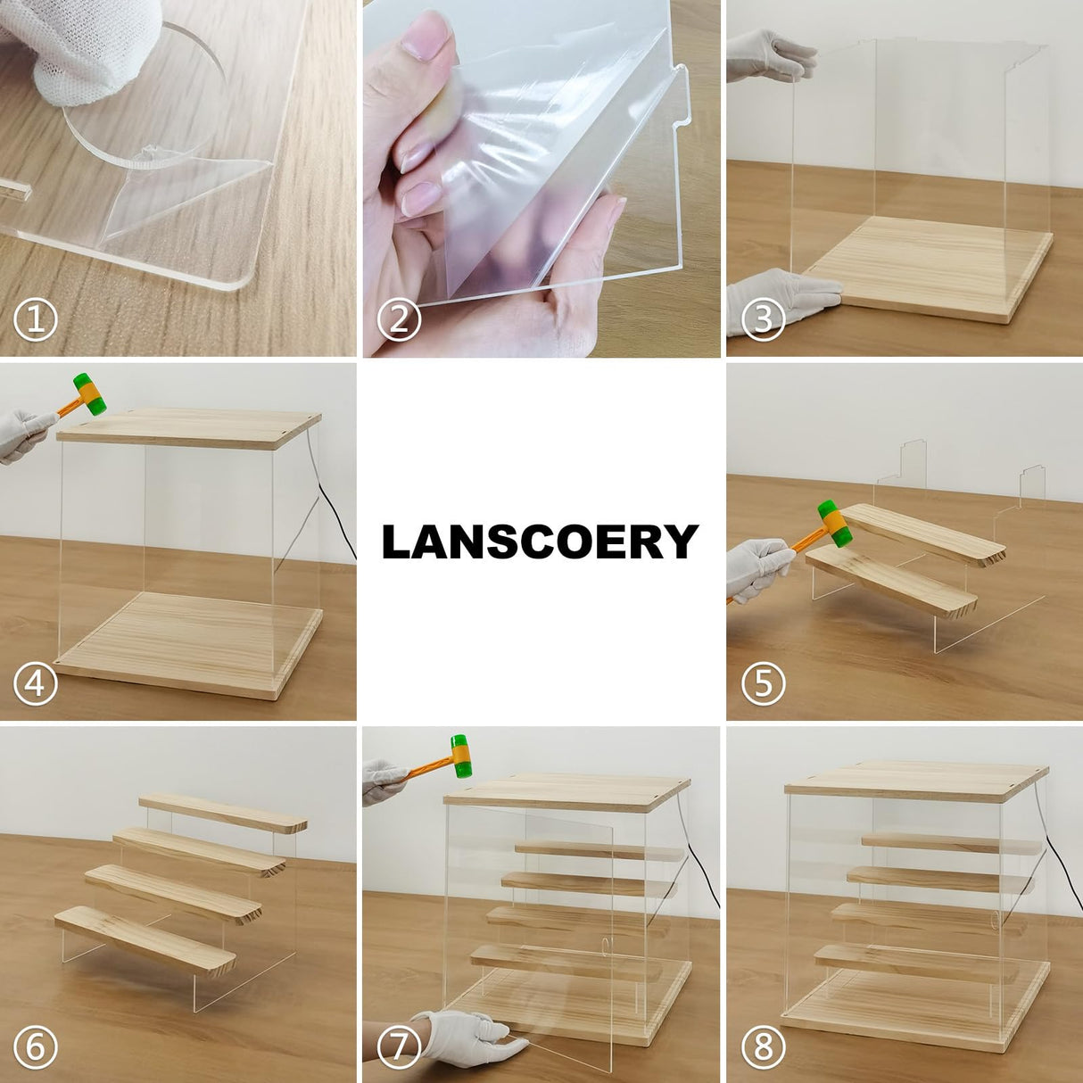 LANSCOERY Clear Acrylic Display Case with Light, Assemble 5 Tier Display Box Stand with Wooden Base, Dustproof Protection Showcase for Collectibles LANSCOERY